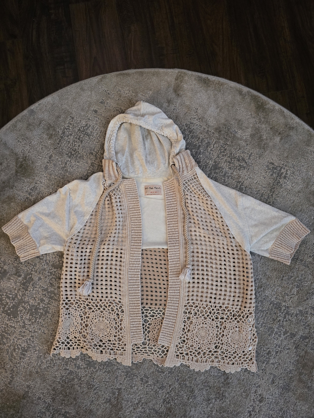 We The Free Beige Crochet Hooded Open-Front Sweater